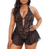 imageOYOANGLE Womens Plus Size Cut Out Tie Back Halter Lace Teddy Romper Bodysuit LingerieBlack