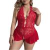 imageOYOANGLE Womens Plus Size Cut Out Tie Back Halter Lace Teddy Romper Bodysuit LingerieDark Red