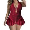 imageOYOANGLE Womens Plus Size Cut Out Tie Back Halter Lace Teddy Romper Bodysuit LingerieMauve Purple