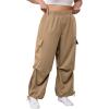 imageOYOANGLE Womens Plus Size Elastic High Waist Flap Pocket Cargo Pants Streetwear Loose Baggy Trousers with PocketLight Brown