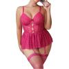 imageOYOANGLE Womens Plus Size Garter Lingerie Set Polka Dots Cut Out Underwire Chemise Nightgown with StockingHot Pink