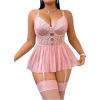 imageOYOANGLE Womens Plus Size Garter Lingerie Set Polka Dots Cut Out Underwire Chemise Nightgown with StockingPink