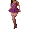imageOYOANGLE Womens Plus Size Garter Lingerie Set Polka Dots Cut Out Underwire Chemise Nightgown with StockingPurple