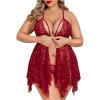 imageOYOANGLE Womens Plus Size Heart Print Lace Sheer Open Front Chemise Nightgown Babydoll Nightie NightwearBurgundy
