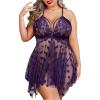 imageOYOANGLE Womens Plus Size Heart Print Lace Sheer Open Front Chemise Nightgown Babydoll Nightie NightwearPurple