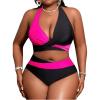 imageOYOANGLE Womens Plus Size High Waisted Bikini Set 2 Piece Color Block Criss Cross Halter Bathing SuitsBlack and Hot Pink