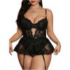 imageOYOANGLE Womens Plus Size Lace Babydoll Spaghetti Strap V Neck Cut Out Teddy Lingerie Set with Garter BeltsBlack