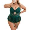imageOYOANGLE Womens Plus Size Lace Babydoll Spaghetti Strap V Neck Cut Out Teddy Lingerie Set with Garter BeltsDark Green
