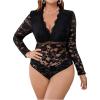 imageOYOANGLE Womens Plus Size Lace Sheer Deep V Neck Long Sleeve Bodysuit Leotard TopsBlack