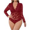imageOYOANGLE Womens Plus Size Lace Sheer Deep V Neck Long Sleeve Bodysuit Leotard TopsRed