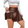 imageOYOANGLE Womens Plus Size PU Leather Ruffle Short Skirts High Waist Pleated Skater Skirt with Built in ShortsBrown