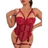 imageOYOANGLE Womens Plus Size Ring Linked Cut Out Sheer Mesh Teddy Bodysuit Garter Lingerie SetLight Burgundy