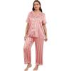 imageOYOANGLE Womens Plus Size Satin Pajama Set Silky Short Sleeve Button Down Tops and Pants Sleepwear LoungewearDusty Pink
