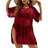 imageOYOANGLE Womens Plus Size Sheer Mesh Split Thigh Beach Cover Up Dress Bathing Suit SwimwearBurgundy