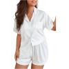imageOYOANGLE Womens Plus Size Silky Satin Pajamas Short Sleeve Button up Pjs Lounge Sets SleepwearWhite