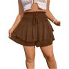 imageOYOANGLE Womens Plus Size Smocked Tiered Ruffle Flowy Shorts Drawstring Elastic Waist Wide Leg ShortsCoffee Brown