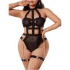 imageOYOANGLE Womens Plus Size Strappy Harness Cut Out Halter Teddy Bodysuits Garter Babydoll LingerieBlack