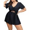 imageOYOANGLE Womens Plus Size Tankini Sets 2 Piece Drawstring V Neck Short Sleeve Swim Dress Bathing SuitsBlack