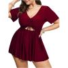 imageOYOANGLE Womens Plus Size Tankini Sets 2 Piece Drawstring V Neck Short Sleeve Swim Dress Bathing SuitsBurgundy