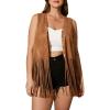 imageOYOANGLE Womens Plus Size Western Wear Cowgirl Outfits Fringe Trim Open Front Sleeveless Faux Suede Vest JacketBrown