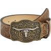 imageOYOANGLE Womens Vintage Western Cowgirl Leather Belts Floral Engraved Longhorn Bull Buckled Belt for JeansBrown