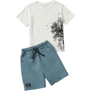 imageOYOANGLE Boys 2 Piece Outfits Casual Graphic Short Sleeve Tee Shirt and Shorts SetBlue White