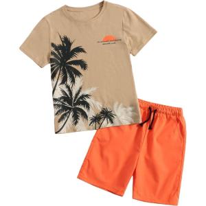 imageOYOANGLE Boys 2 Piece Outfits Casual Graphic Short Sleeve Tee Shirt and Shorts SetKhaki Orange