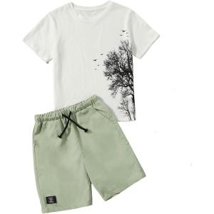 imageOYOANGLE Boys 2 Piece Outfits Casual Graphic Short Sleeve Tee Shirt and Shorts SetWhite Green Tree