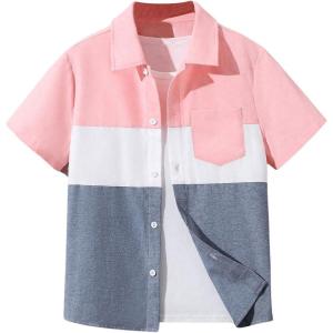 imageOYOANGLE Boys Color Block Short Sleeve Button Down Shirts Summer Dress ShirtPink and Grey