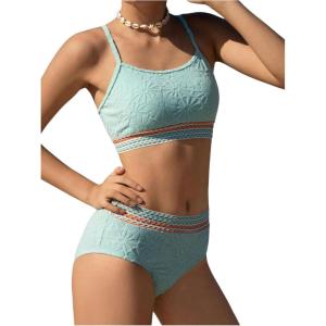 imageOYOANGLE Girls 2 Piece Bikini Sets Textured Spaghetti Strap Wireless Swimsuits High Waist Bathing SuitsGreen