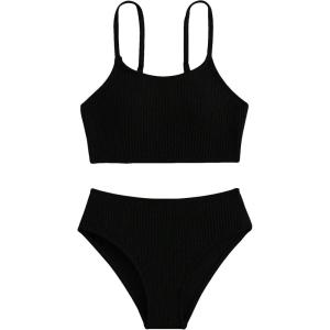 imageOYOANGLE Girls 2 Piece Bikini Swimsuit Ribbed Knit Spaghetti Strap Swimsuit Bathing Suit BeachwearBlack