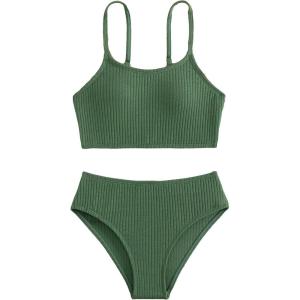 imageOYOANGLE Girls 2 Piece Bikini Swimsuit Ribbed Knit Spaghetti Strap Swimsuit Bathing Suit BeachwearDark Green