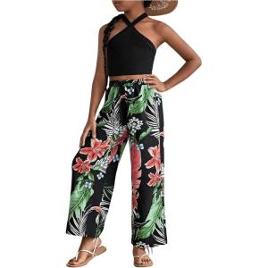 imageOYOANGLE Girls 2 Piece Clothing Sets Outfits Sleeveless Halter Crop Top and Tropical Print Pants SetsBlack Multi