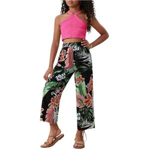 imageOYOANGLE Girls 2 Piece Clothing Sets Outfits Sleeveless Halter Crop Top and Tropical Print Pants SetsHot Pink