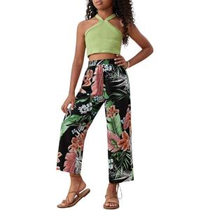 imageOYOANGLE Girls 2 Piece Clothing Sets Outfits Sleeveless Halter Crop Top and Tropical Print Pants SetsLime Green
