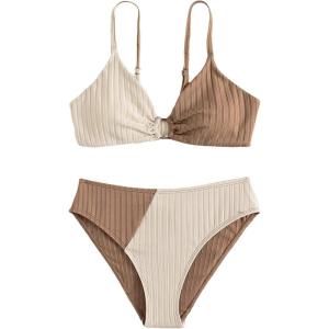 imageOYOANGLE Girls 2 Piece Colorblock Ring Linked Bikini Swimsuit Ribbed Knit Bathing SuitApricot Khaki