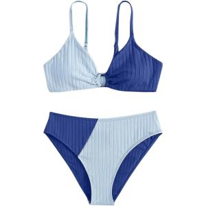 imageOYOANGLE Girls 2 Piece Colorblock Ring Linked Bikini Swimsuit Ribbed Knit Bathing SuitLight Blue