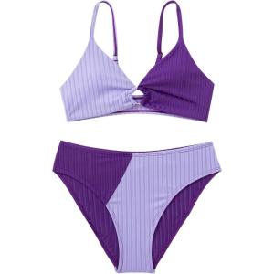 imageOYOANGLE Girls 2 Piece Colorblock Ring Linked Bikini Swimsuit Ribbed Knit Bathing SuitPurple Multi