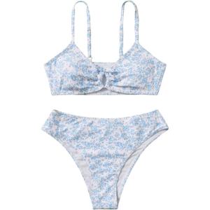 imageOYOANGLE Girls 2 Piece Ditsy Floral Bikini Swimsuit Ring Linked Ruched Bathing SuitBlue