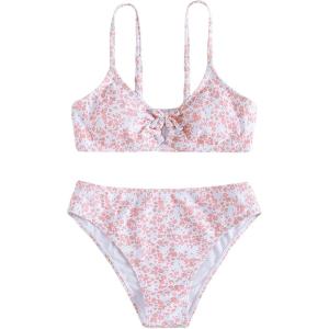 imageOYOANGLE Girls 2 Piece Ditsy Floral Bikini Swimsuit Ring Linked Ruched Bathing SuitLight Pink