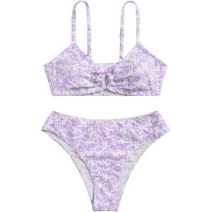 imageOYOANGLE Girls 2 Piece Ditsy Floral Bikini Swimsuit Ring Linked Ruched Bathing SuitPurple White