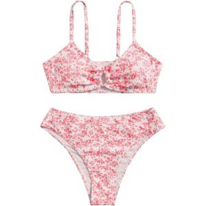 imageOYOANGLE Girls 2 Piece Ditsy Floral Bikini Swimsuit Ring Linked Ruched Bathing SuitRed