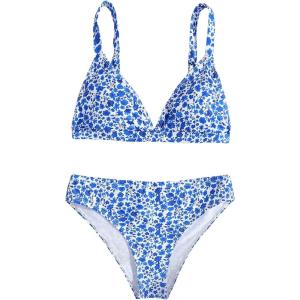 imageOYOANGLE Girls 2 Piece Floral Print Beach Swimsuit V Neck Spaghetti Strap Triangle Low Waist Bathing SuitBlue