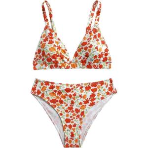 imageOYOANGLE Girls 2 Piece Floral Print Beach Swimsuit V Neck Spaghetti Strap Triangle Low Waist Bathing SuitOrange
