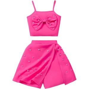 imageOYOANGLE Girls 2 Piece Outfit Bow Pearl Cami Crop Top and A Line Cute Skort SetHot Pink