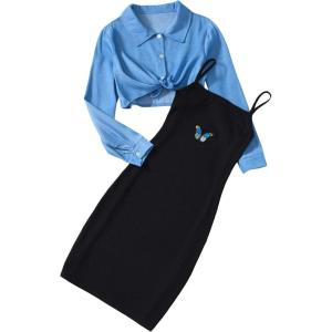 imageOYOANGLE Girls 2 Piece Outfit Butterfly Patched Cami Dress with Long Sleeve Button Down Crop Shirt SetBlue and Black