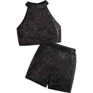 imageOYOANGLE Girls 2 Piece Outfit Sequin Sparkle Halter Neck Tank Top and Shorts SetBlack