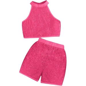 imageOYOANGLE Girls 2 Piece Outfit Sequin Sparkle Halter Neck Tank Top and Shorts SetHot Pink