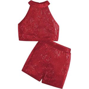 imageOYOANGLE Girls 2 Piece Outfit Sequin Sparkle Halter Neck Tank Top and Shorts SetRed