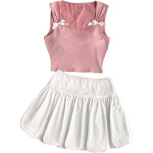 imageOYOANGLE Girls 2 Piece Outfit Sleeveless Bow Tank Top and Elastic Waist Bubble Skirt SetPink and White